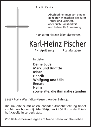 Anzeige von Karl-Heinz Fischer von Mindener Tageblatt