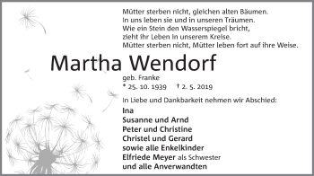 Anzeige von Martha Wendorf von Mindener Tageblatt