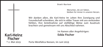 Anzeige von Karl-Heinz Fischer von Mindener Tageblatt