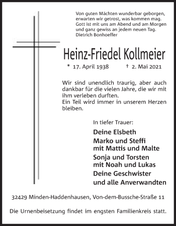 Anzeige von Heinz-Friedel Kollmeier von Mindener Tageblatt