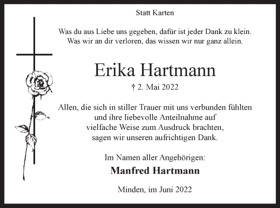 Anzeige von Erika Hartmann von Mindener Tageblatt