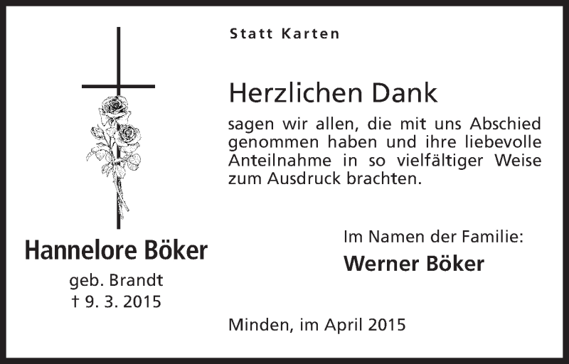  Traueranzeige für Hannelore Böker vom 03.04.2015 aus Mindener Tageblatt