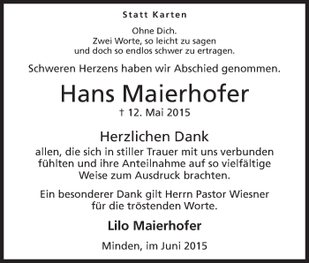 Anzeige von Hans Maierhofer von Mindener Tageblatt