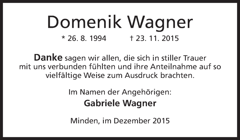  Traueranzeige für Domenik Wagner vom 12.12.2015 aus Mindener Tageblatt