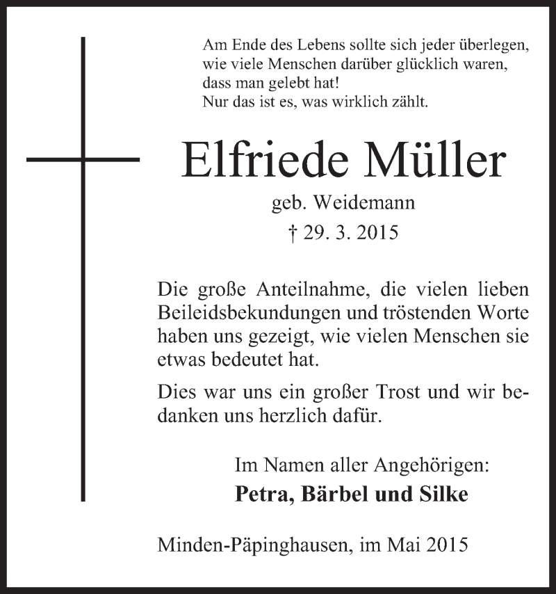  Traueranzeige für Elfriede Müller vom 09.05.2015 aus Mindener Tageblatt