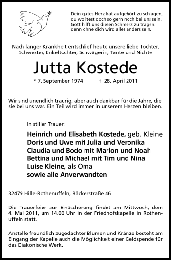 Anzeige von Jutta Kostede von Mindener Tageblatt