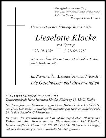 Anzeige von Lieselotte Klocke von Mindener Tageblatt