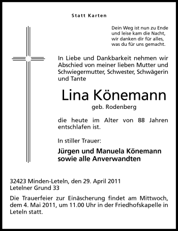 Anzeige von Lina Könemann von Mindener Tageblatt