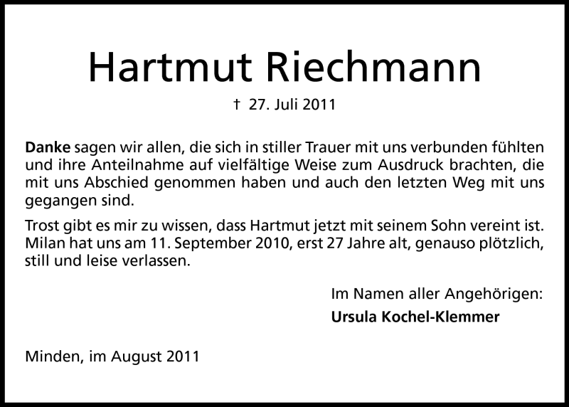  Traueranzeige für Hartmut Riechmann vom 13.08.2011 aus Mindener Tageblatt