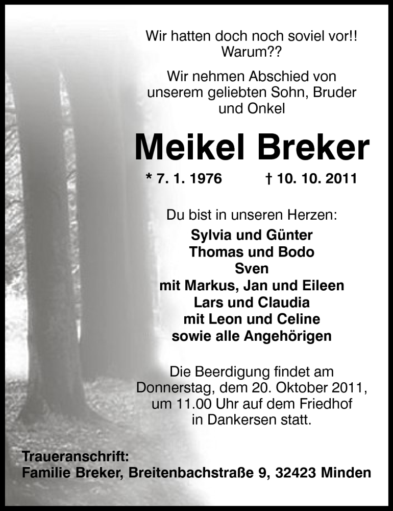  Traueranzeige für Meikel Breker vom 15.10.2011 aus Mindener Tageblatt