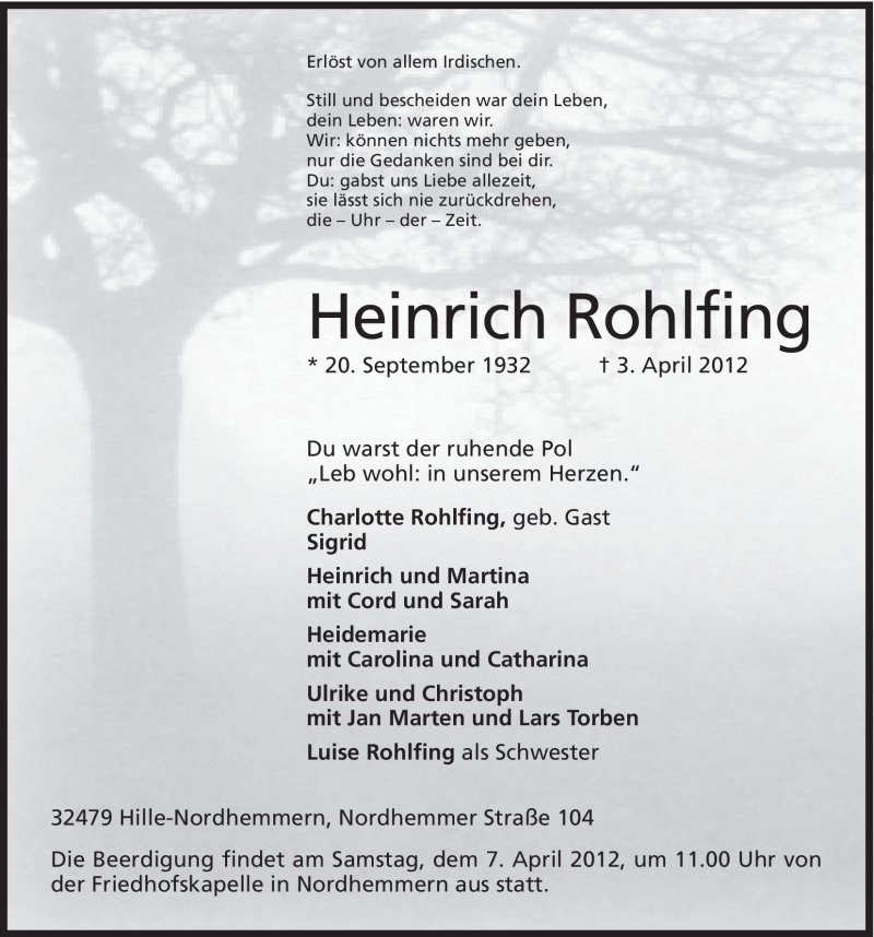  Traueranzeige für Heinrich Rohlfing vom 04.04.2012 aus Mindener Tageblatt