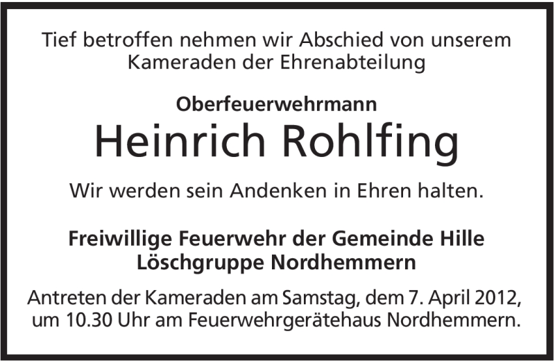  Traueranzeige für Heinrich Rohlfing vom 05.04.2012 aus Mindener Tageblatt