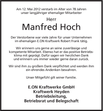 Anzeige von Manfred Hoch von Mindener Tageblatt