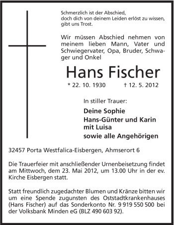 Anzeige von Hans Fischer von Mindener Tageblatt