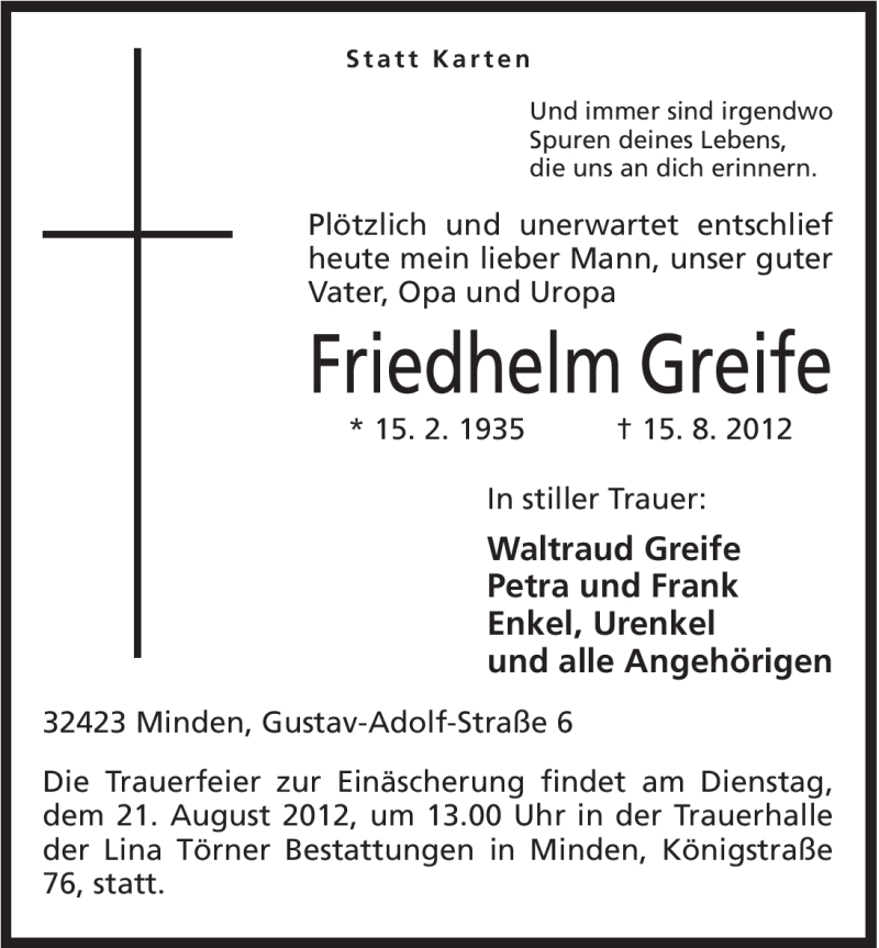  Traueranzeige für Friedhelm Greife vom 18.08.2012 aus Mindener Tageblatt