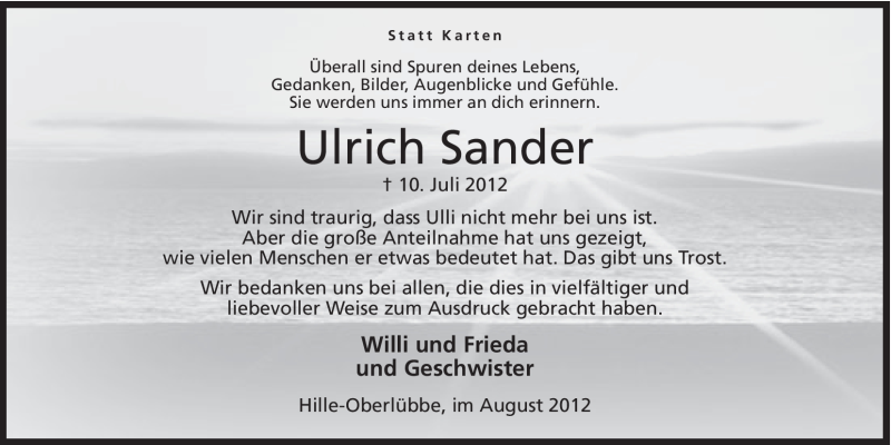  Traueranzeige für Ulrich Sander vom 25.08.2012 aus Mindener Tageblatt