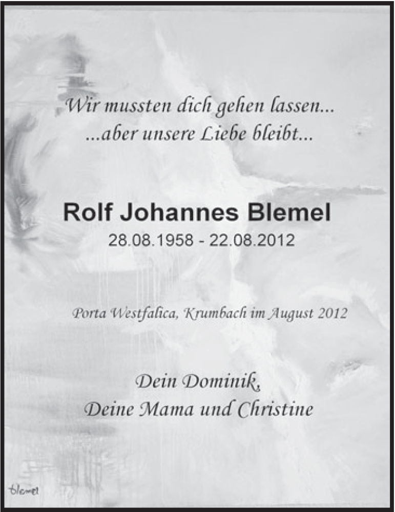  Traueranzeige für Rolf Johannes Blemel vom 01.09.2012 aus Mindener Tageblatt