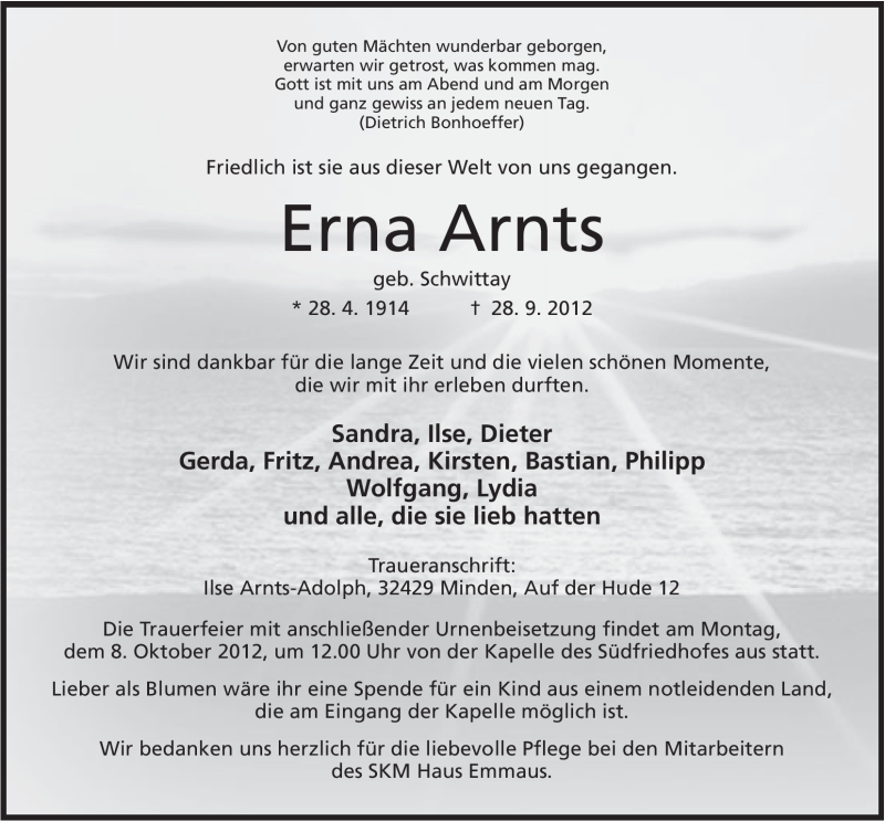 Traueranzeige für Erna Arnts vom 03.10.2012 aus Mindener Tageblatt