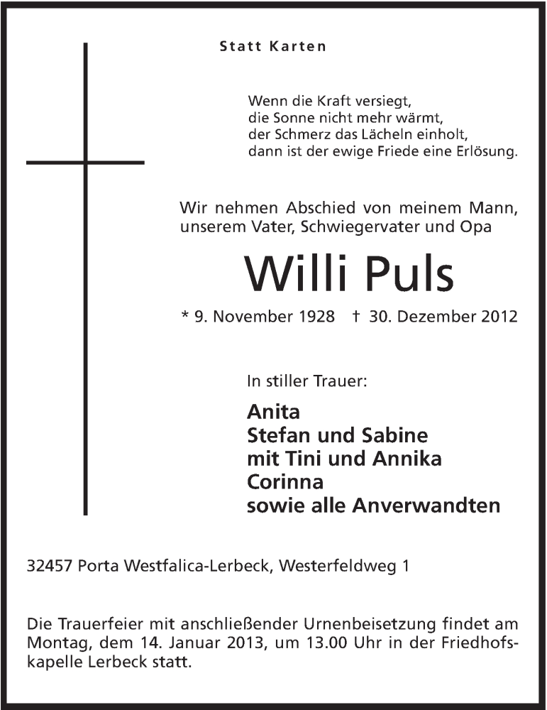  Traueranzeige für Willi Puls vom 09.01.2013 aus Mindener Tageblatt
