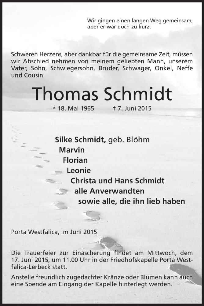  Traueranzeige für Thomas Schmidt vom 13.06.2015 aus Mindener Tageblatt