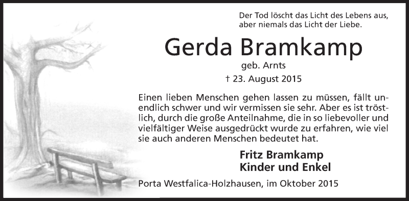  Traueranzeige für Gerda Bramkamp vom 10.10.2015 aus Mindener Tageblatt