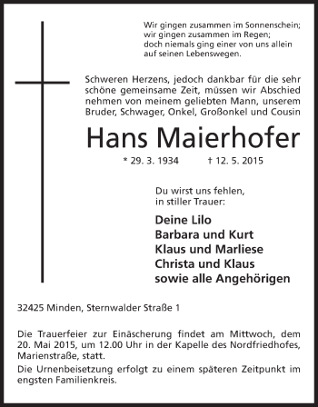 Anzeige von Hans Maierhofer von Mindener Tageblatt