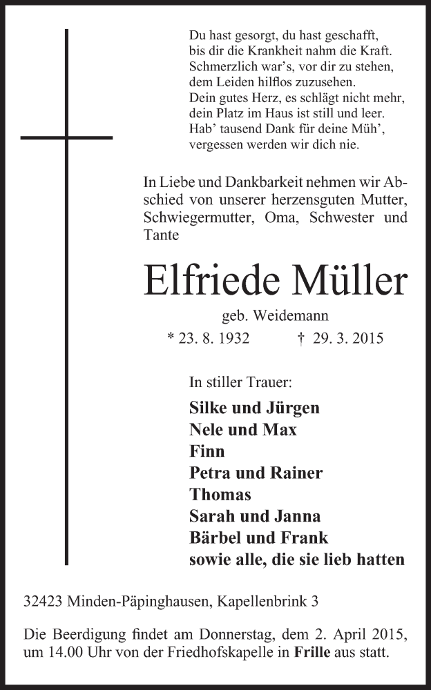  Traueranzeige für Elfriede Müller vom 30.03.2015 aus Mindener Tageblatt