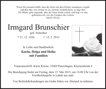 Anzeige von Irmgard Brunschier von Mindener Tageblatt
