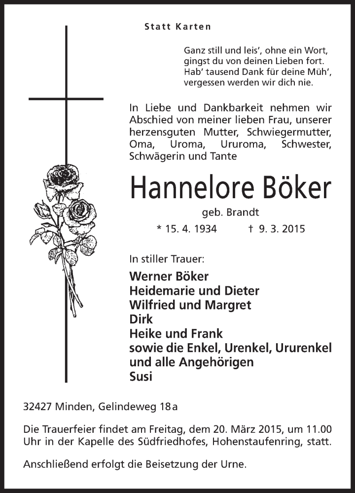  Traueranzeige für Hannelore Böker vom 18.03.2015 aus Mindener Tageblatt