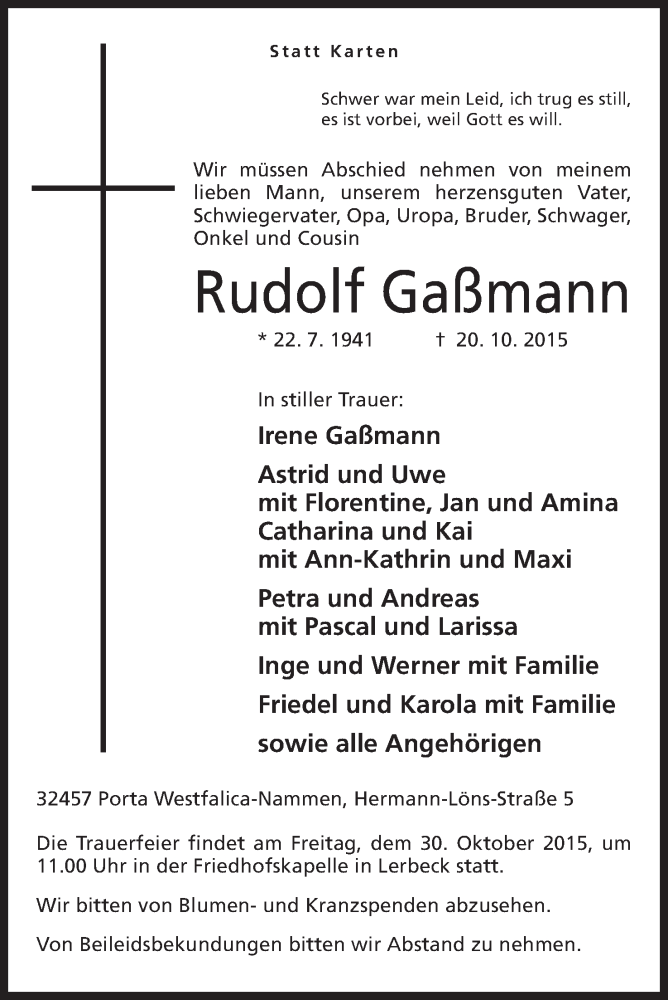  Traueranzeige für Rudolf Gaßmann vom 27.10.2015 aus Mindener Tageblatt