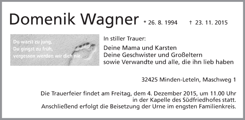  Traueranzeige für Domenik Wagner vom 28.11.2015 aus Mindener Tageblatt