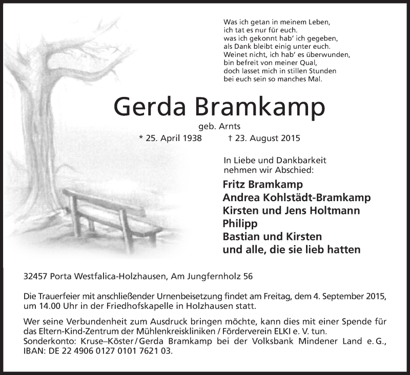  Traueranzeige für Gerda Bramkamp vom 29.08.2015 aus Mindener Tageblatt