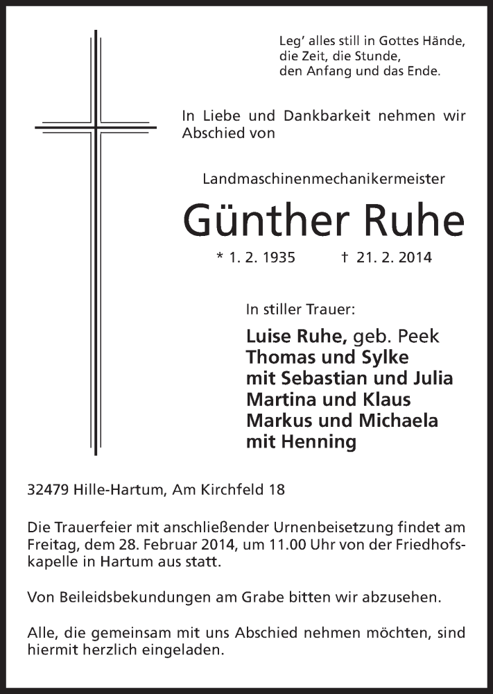  Traueranzeige für Günther Ruhe vom 25.02.2014 aus Mindener Tageblatt