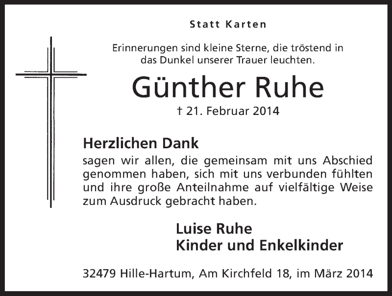  Traueranzeige für Günther Ruhe vom 22.03.2014 aus Mindener Tageblatt