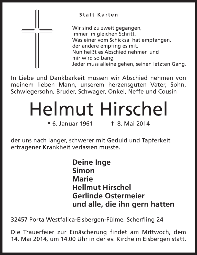  Traueranzeige für Helmut Hirschel vom 10.05.2014 aus Mindener Tageblatt