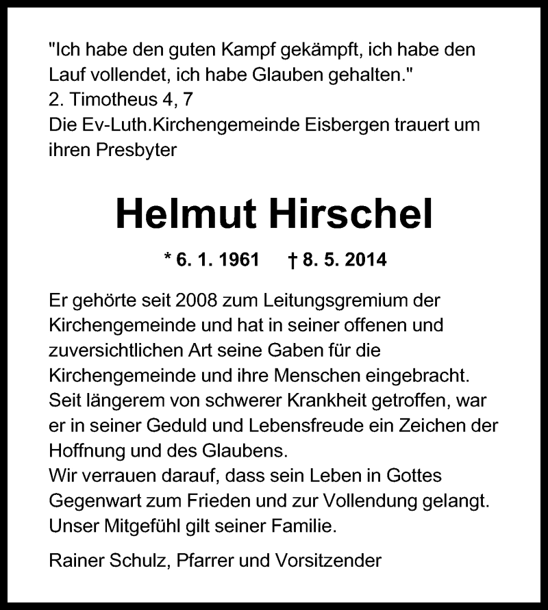  Traueranzeige für Helmut Hirschel vom 13.05.2014 aus Mindener Tageblatt