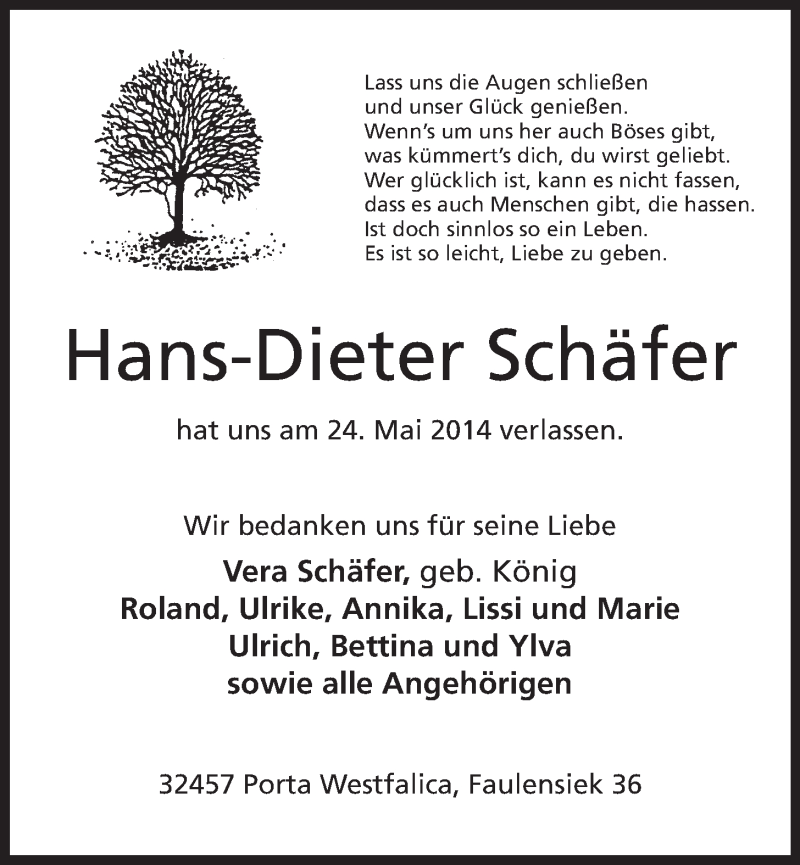  Traueranzeige für Hans-Dieter Schäfer vom 04.06.2014 aus Mindener Tageblatt
