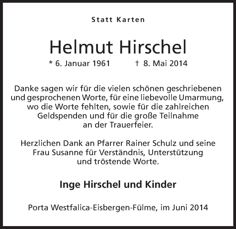  Traueranzeige für Helmut Hirschel vom 14.06.2014 aus Mindener Tageblatt