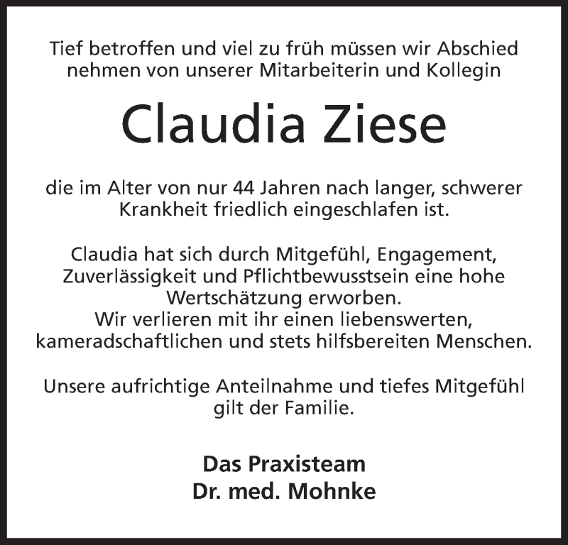  Traueranzeige für Claudia Ziese vom 08.11.2014 aus Mindener Tageblatt