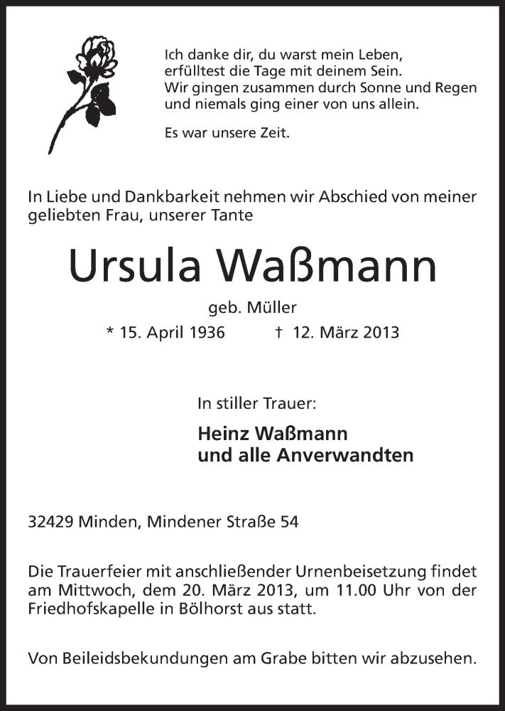  Traueranzeige für Ursula Waßmann vom 16.03.2013 aus Mindener Tageblatt