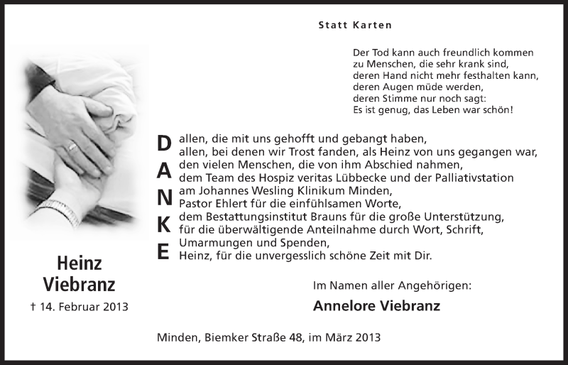  Traueranzeige für Heinz Viebranz vom 29.03.2013 aus Mindener Tageblatt