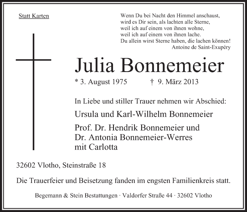  Traueranzeige für Julia Bonnemeier vom 23.03.2013 aus Mindener Tageblatt