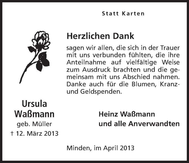  Traueranzeige für Ursula Waßmann vom 06.04.2013 aus Mindener Tageblatt