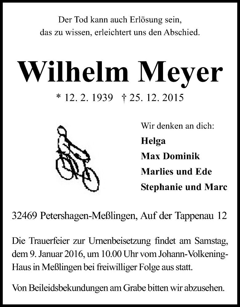  Traueranzeige für Wilhelm Meyer vom 31.12.2015 aus Mindener Tageblatt