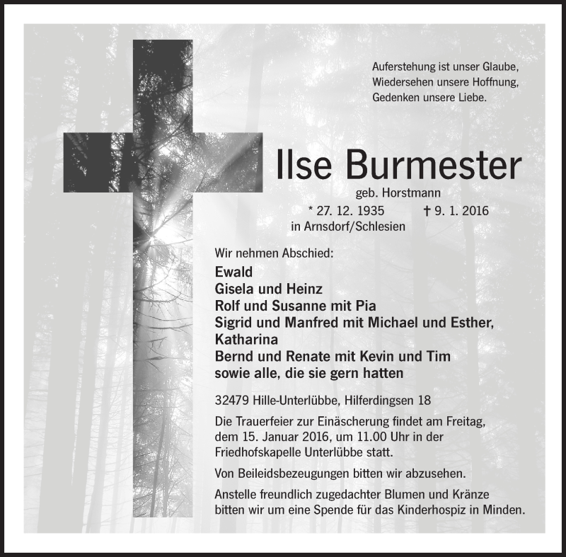  Traueranzeige für Ilse Burmester vom 12.01.2016 aus Mindener Tageblatt