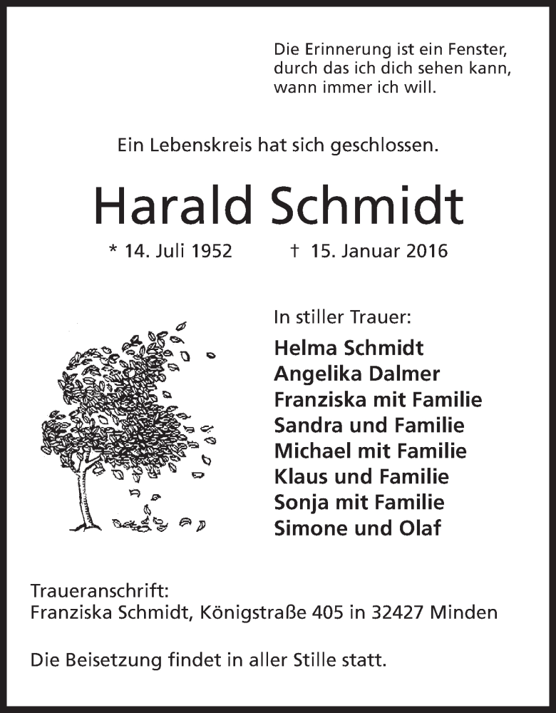  Traueranzeige für Harald Schmidt vom 23.01.2016 aus Mindener Tageblatt