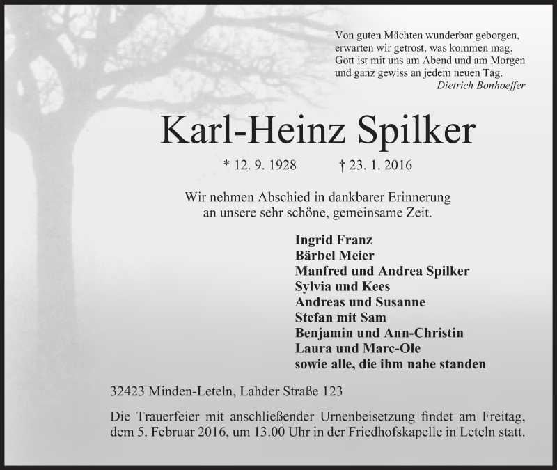  Traueranzeige für Karl-Heinz Spilker vom 30.01.2016 aus Mindener Tageblatt