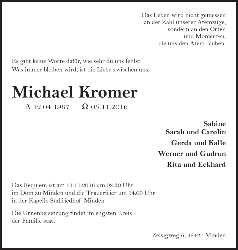  Traueranzeige für Michael Kromer vom 09.11.2016 aus Mindener Tageblatt
