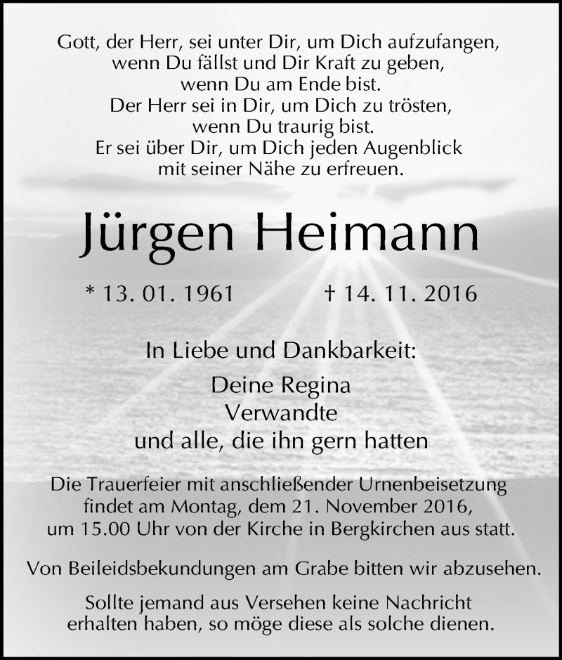  Traueranzeige für Jürgen Heimann vom 16.11.2016 aus Mindener Tageblatt