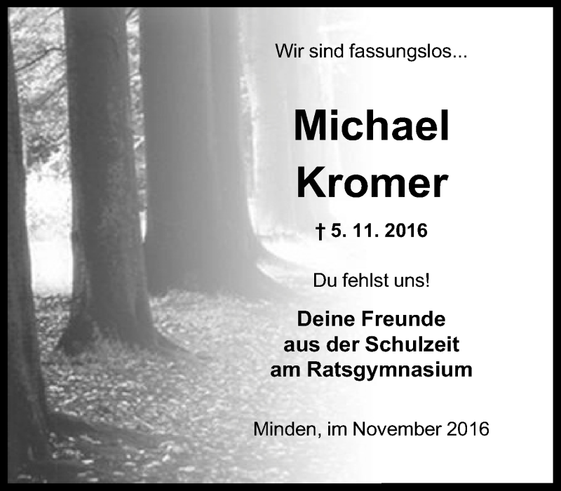  Traueranzeige für Michael Kromer vom 11.11.2016 aus Mindener Tageblatt